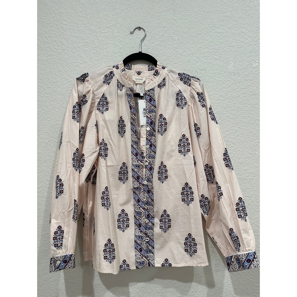 SONMER Womens Block Print Cotton Blouse Ruffle Neck Long Sleeve Top Cream Size M